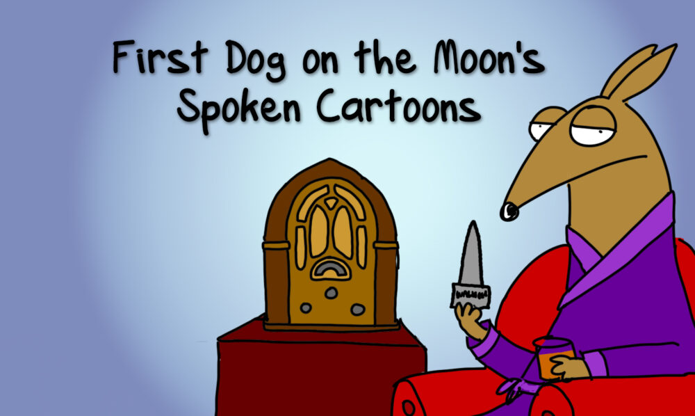 A bandicoot sitting in a comfy chair listening to an old timey radio